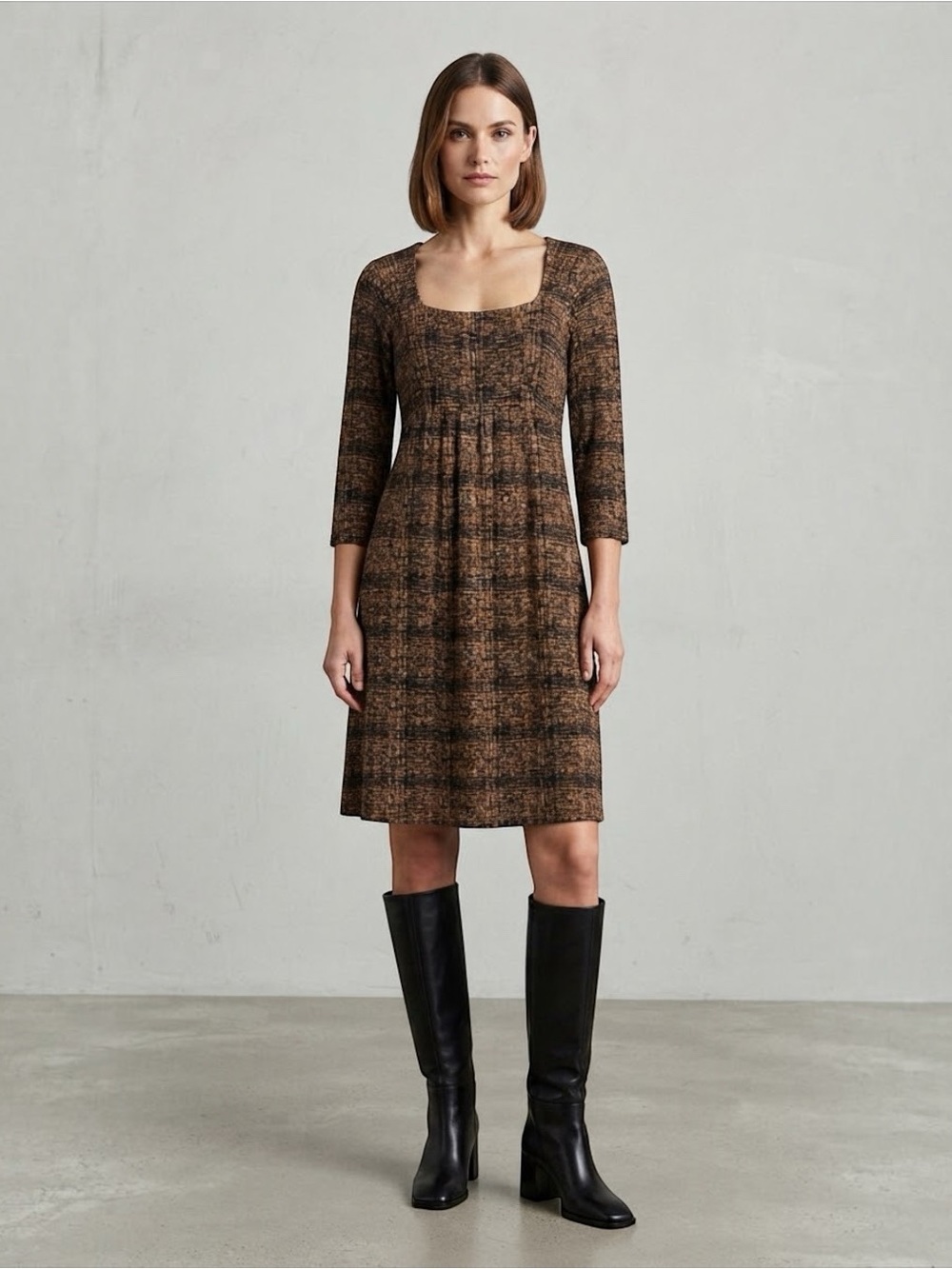 Weekend Max Mara Brown Textured Knit Square Neck Dress M with Slip